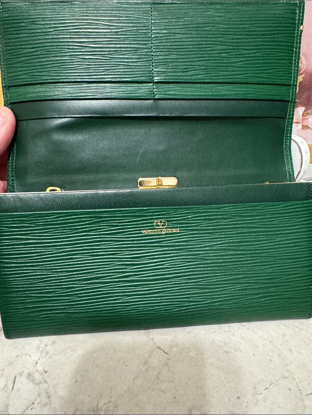 Valentino Garavani Deep Green Textured Leather Wallet EUC with COA